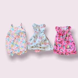 🎉HP🎉Carter’s 6 months 3-pack NWOT Pink Floral Parrots Rompers & Dress